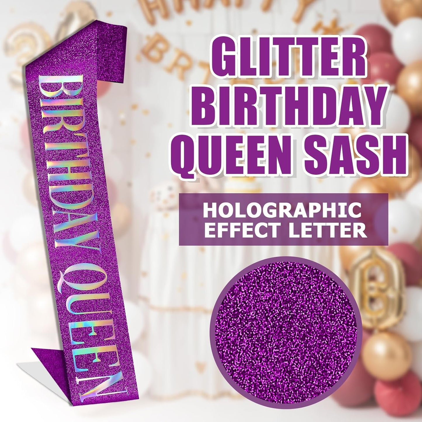 RUDONG M Birthday Queen Sash Glitter - Gold Birthday Sash for Women & Girls | Sweet 16/18th/21st/30th/40th/50th/60th/70th, All-Age Celebration Party Decor