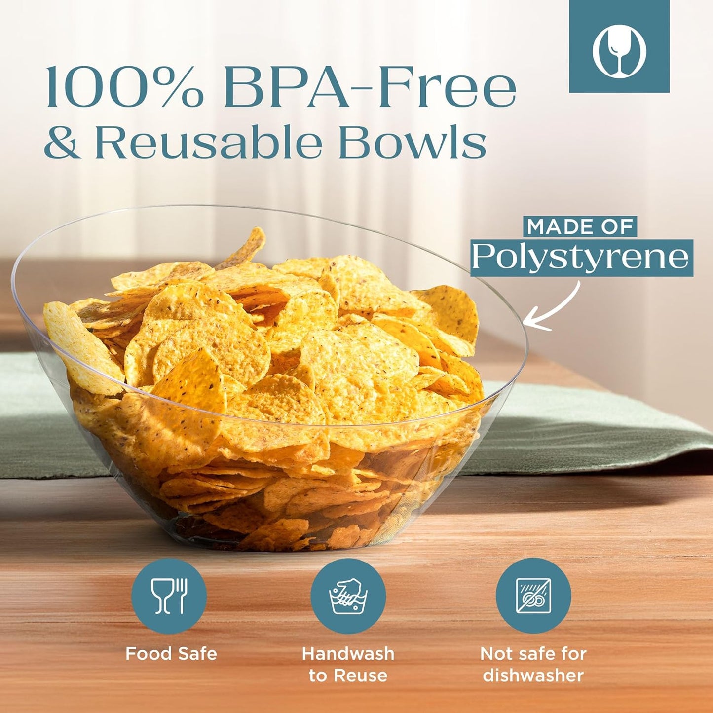 Posh Setting Crystal Clear, Disposable Premium Hard Plastic Medium Angled Bowl, Party, Salad, Snack and Fruit Bowl 5 Pack