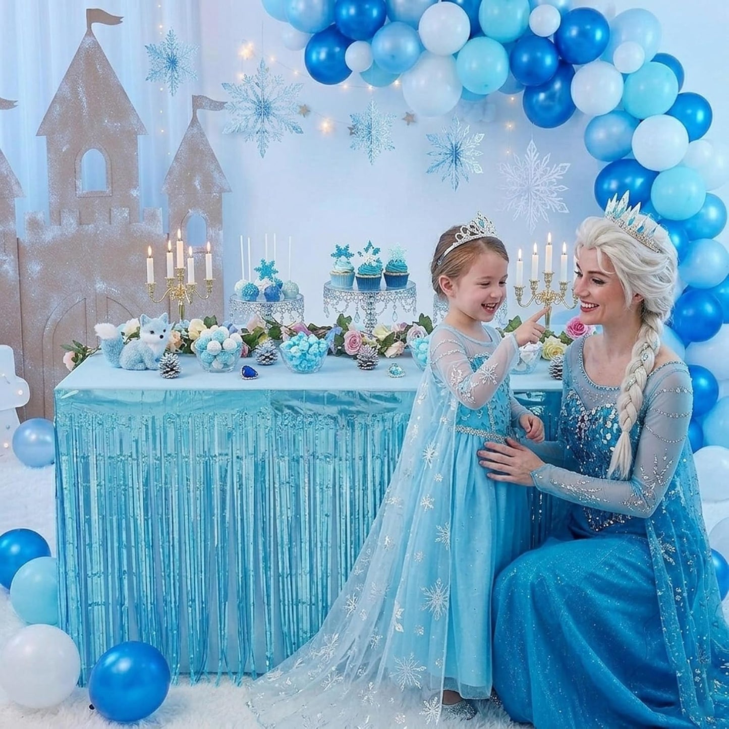 Blue Streamers Party Decorations, 2 Packs Blue Table Skirts Metallic Foil Fringe Tinsel for Birthday Under the Sea Boy Baby Shower Float Parade Mardi Gras Graduation Party Supplies -29x108Inch