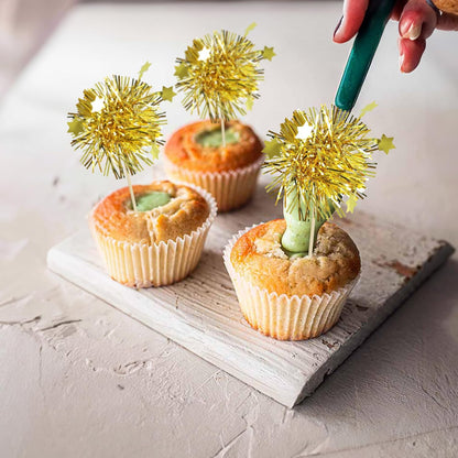 Ephlyn 30Pcs Foil Firework Cupcake Toppers Sparkle Tinsel Cupcake Picks Drink Stirrers Cocktail Food Fruit Toothpicks for Baby Shower Graduation Party Supplies White