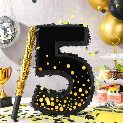 Poen Pinata for Birthday Party Decorations Black Gold Pinata with Blindfold Stick Confetti and Eye Mask for Party Supply Anniversary Baby Shower Retirement Supplies(Number 5)