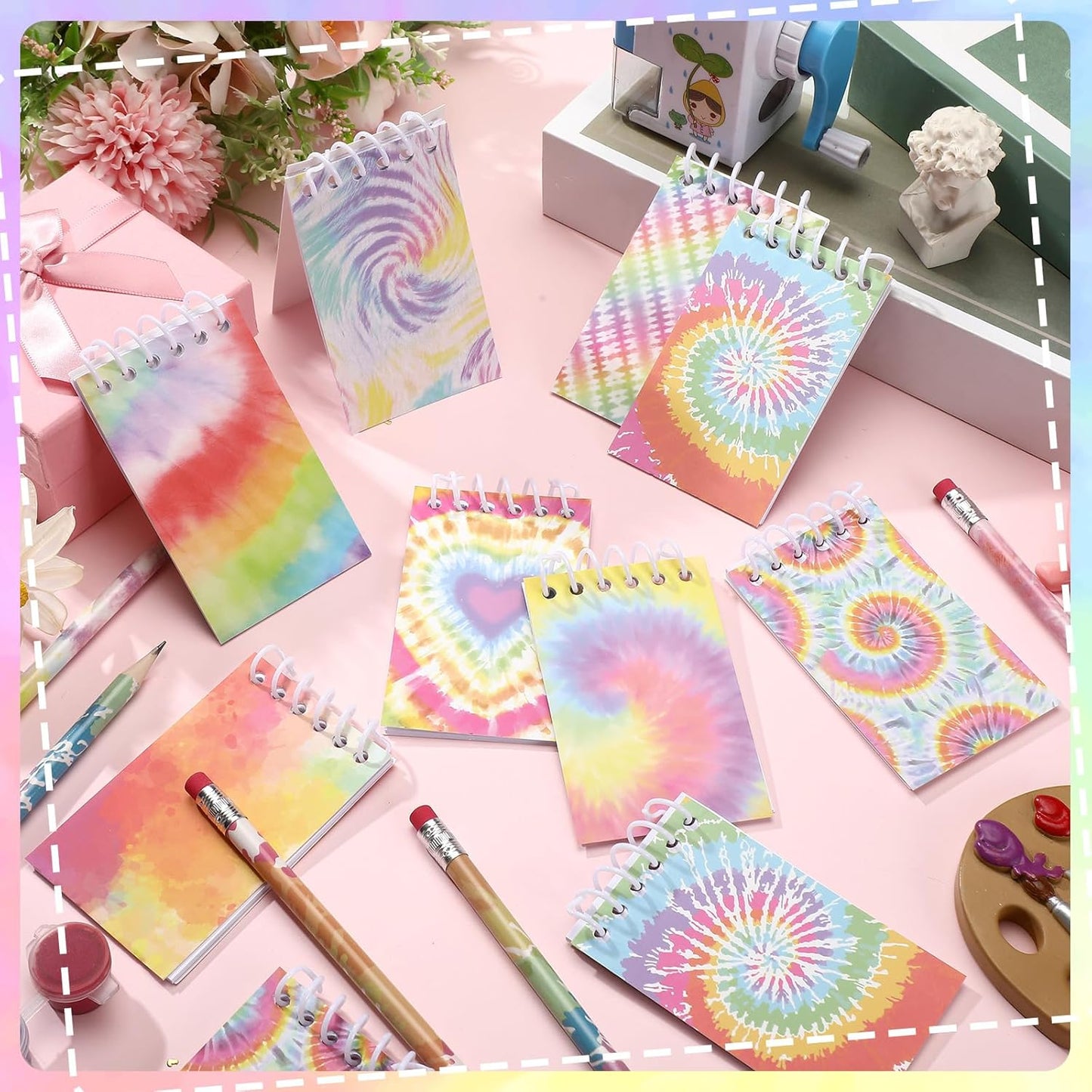 Honoson 48 Pcs Mini Tie Dye Notepads for Pocket Little Notepads Spiral Mini Notebooks, Small Note Pads and Pencils Bulk Tie Dye Birthday Party Favor Art Supplies(Light)