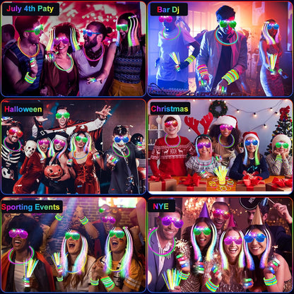 SHQDD 158 PCS Glow in the Dark Party Supplies, 14PCS LED Glasses, 30LED Finger Lights, 14LED Light Hairs and 100PCS Glow Sticks Bracelets, Neon Party Favors for Wedding, Concert, Birthday, New Year