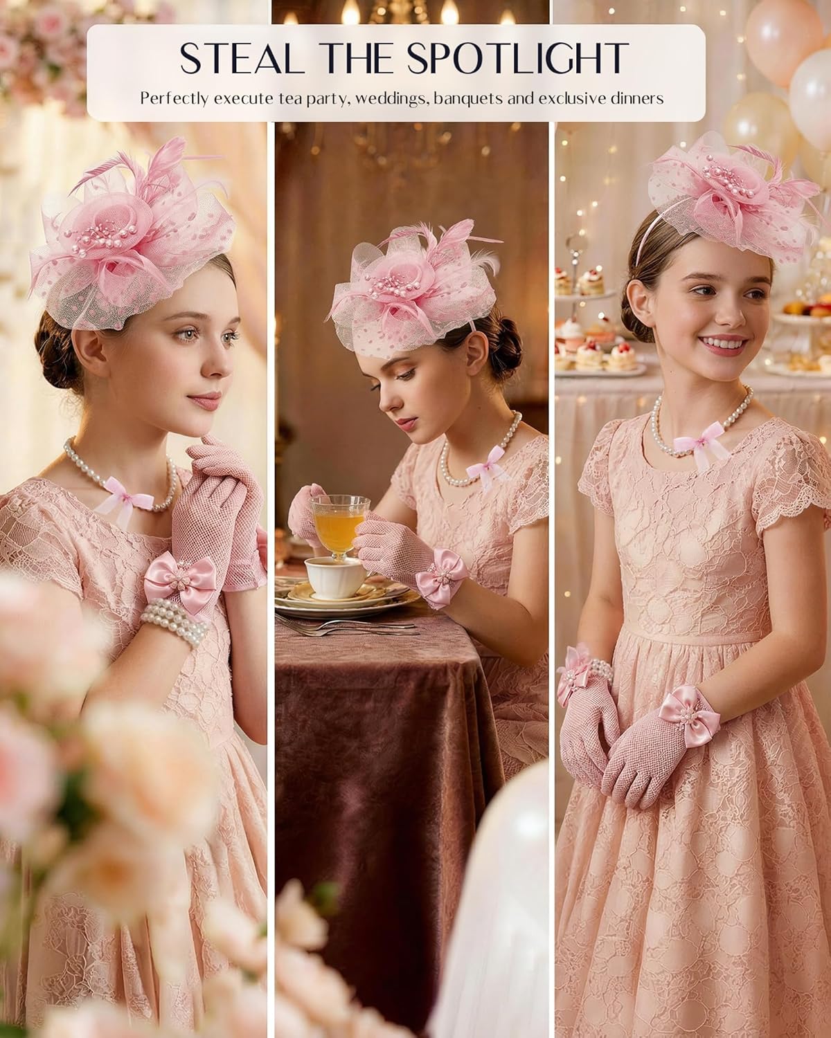Girls Tea Party Fascinators Hats for Kids Fascinator Tea Party Hat Headband with Gloves Accessories for Girls