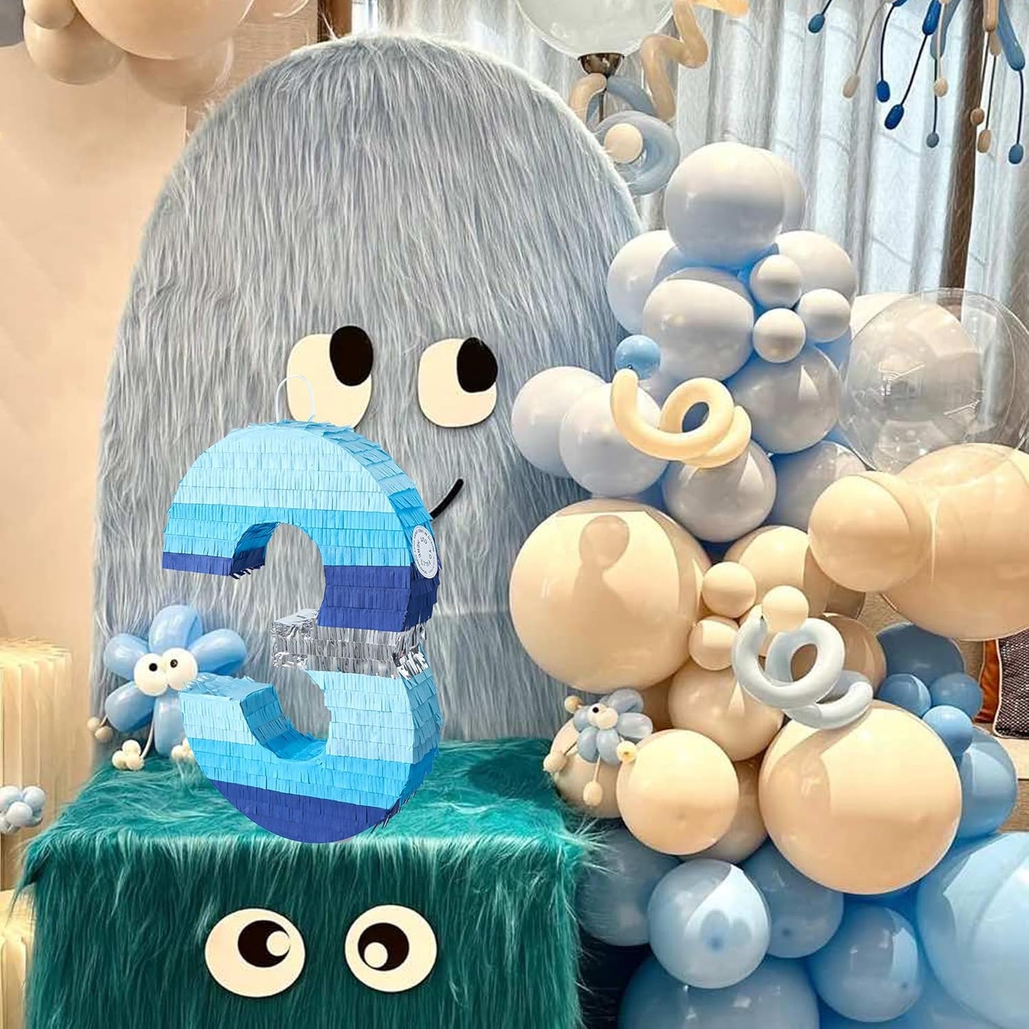 PCFING 20 Inch Number 3 Piñata Blue Silver with 30 Inch Piñata Stick Blindfold Confetti for Boys Girls Adults Birthday Party Decorations, Anniversary Celebration, Fiesta