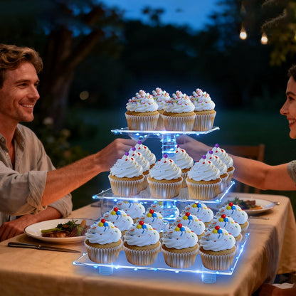 YestBuy Cupcake Stand with Yellow Led Lights, 4 Tier Cupcake Stand for 50 Cupcakes, Acrylic Cupcake Tower Stand, Clear Tiered Cupcake Holder for Birthday Cady Bar Décor Weddings, Parties Events
