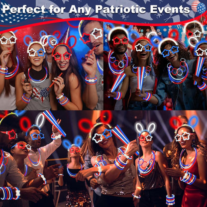 TURNMEON 248 Pcs 250th Anniversary 4th of July Light Up Party Favors, 24 Red White Blue Glasses 200 Patriotic Glow Sticks Bulk with Connectors Glow in the Dark Party Supplies Independence Day Decor