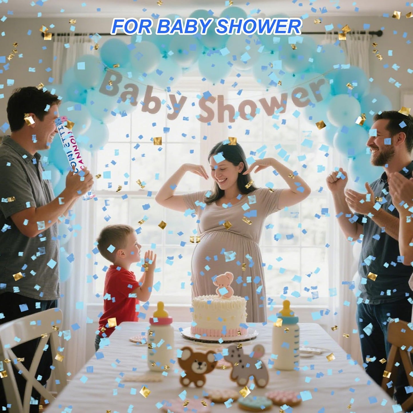 4 Pack Gender Reveal Confetti Cannon, 12 in Blue Rectangle Shaped Paper Party Poppers Cannons, Confetti Poppers For Baby Boy Gender Reveal Baby Showers (Rectangle, Blue)