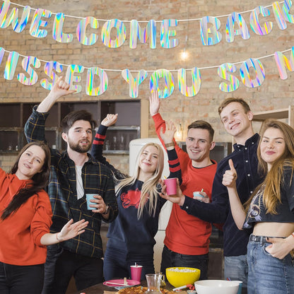 Iridescent Welcome Back We Missed You So Much Banner, Holographic Welcome Back Decorations, Pre-Strung Welcome Home sign for Office Party, Family Gathering, Back to School, Military Homecoming