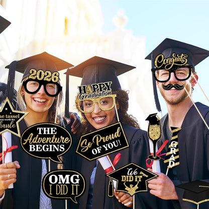 46Pcs Blue Gold Graduation Photo Booth Props 2026 Graduation Decorations with Sticks Class of 2026 Grad Party Favors Supplies for High School & College