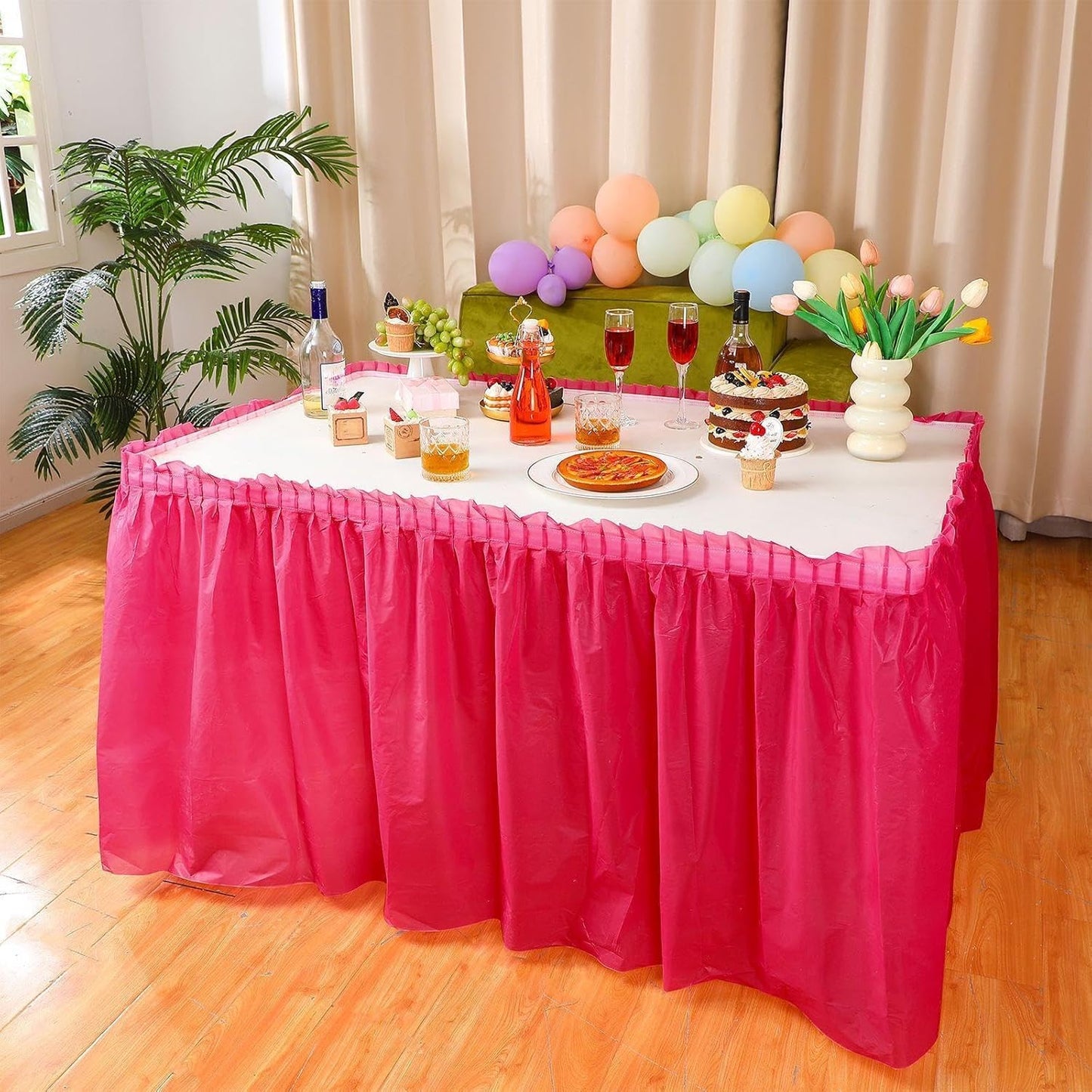 4 Pcs Neon Party Table Skirts 29 in x 14 Ft, Neon Party Favors Plastic Disposable Table Skirts for Rectangle Desks for Fluorescent Birthday Wedding Desk Decor, Green, Yellow, Rose Pink and Orange