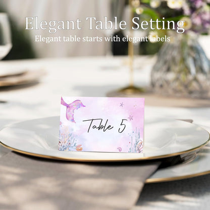 Mermaid Place Cards for Table Setting, 2 x 3.5" Escort Cards, 25 Under The Sea Tent Cards Food Label for Dinner Party, Wedding, Bridal Shower, Baby Shower, Birthday Party Supplies