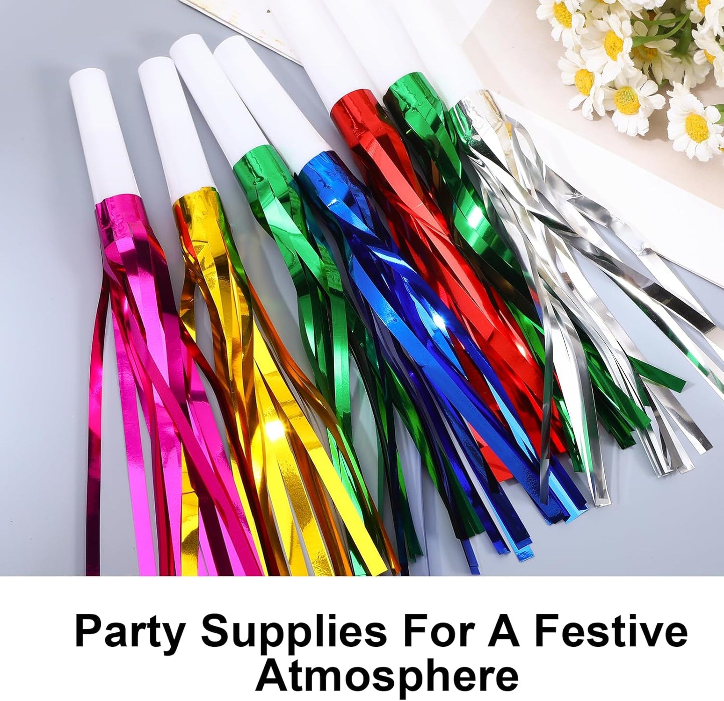 24 Pcs Party Horns, Party blowers Noise Makers, Noise Makers Glitter Metallic Fringed Birthday Blowers for Wedding Birthday Ceremony Festival (6 Colors)