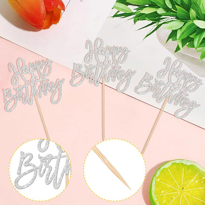 24 PCS Happy Birthday Cupcake Toppers Glitter Picks for Celebrating Anniversary Theme Party Cake Decorations Supplies Gold
