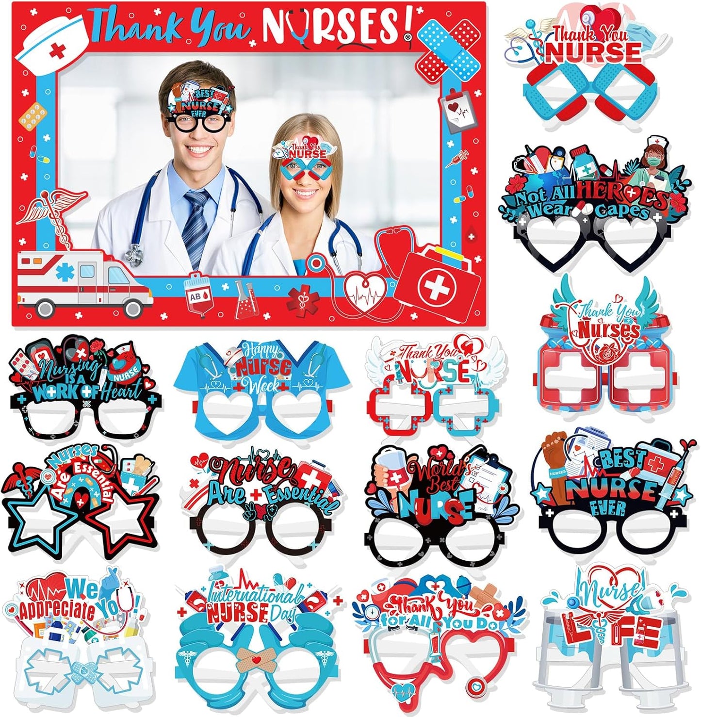 HOWAF Nurse Photo Booth Props Kit - Thank You Photo Frame with 14pcs Paper Glasses for Nurse Appreciation Week Decorations, Funny Eyeglasses