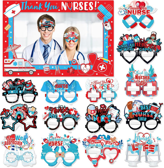 HOWAF Nurse Photo Booth Props Kit - Thank You Photo Frame with 14pcs Paper Glasses for Nurse Appreciation Week Decorations, Funny Eyeglasses
