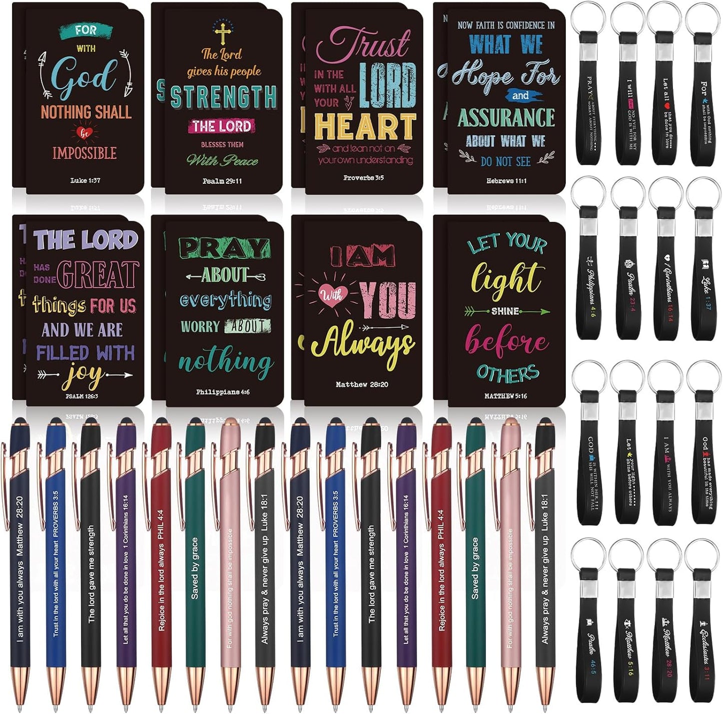 PerKoop 48 Pcs Inspirational Gifts Bulk Motivational Notepads Ballpoint Pens Keychains Set Modern Farmhouse Journal Notebooks Christian Gifts for Teachers School Office Party Favor Supplies