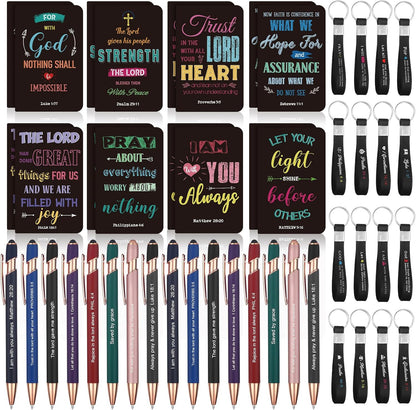 PerKoop 48 Pcs Inspirational Gifts Bulk Motivational Notepads Ballpoint Pens Keychains Set Modern Farmhouse Journal Notebooks Christian Gifts for Teachers School Office Party Favor Supplies
