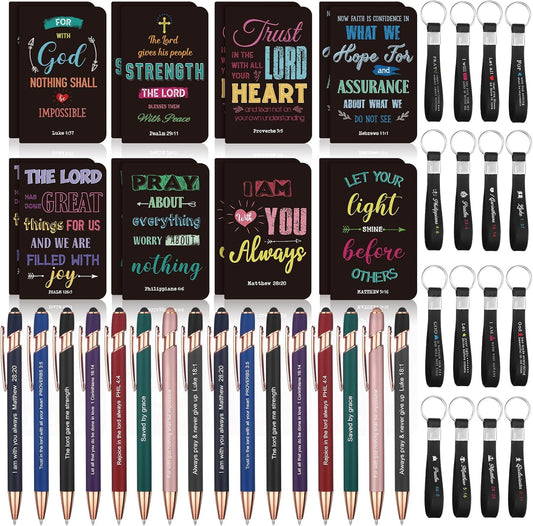 PerKoop 48 Pcs Inspirational Gifts Bulk Motivational Notepads Ballpoint Pens Keychains Set Modern Farmhouse Journal Notebooks Christian Gifts for Teachers School Office Party Favor Supplies