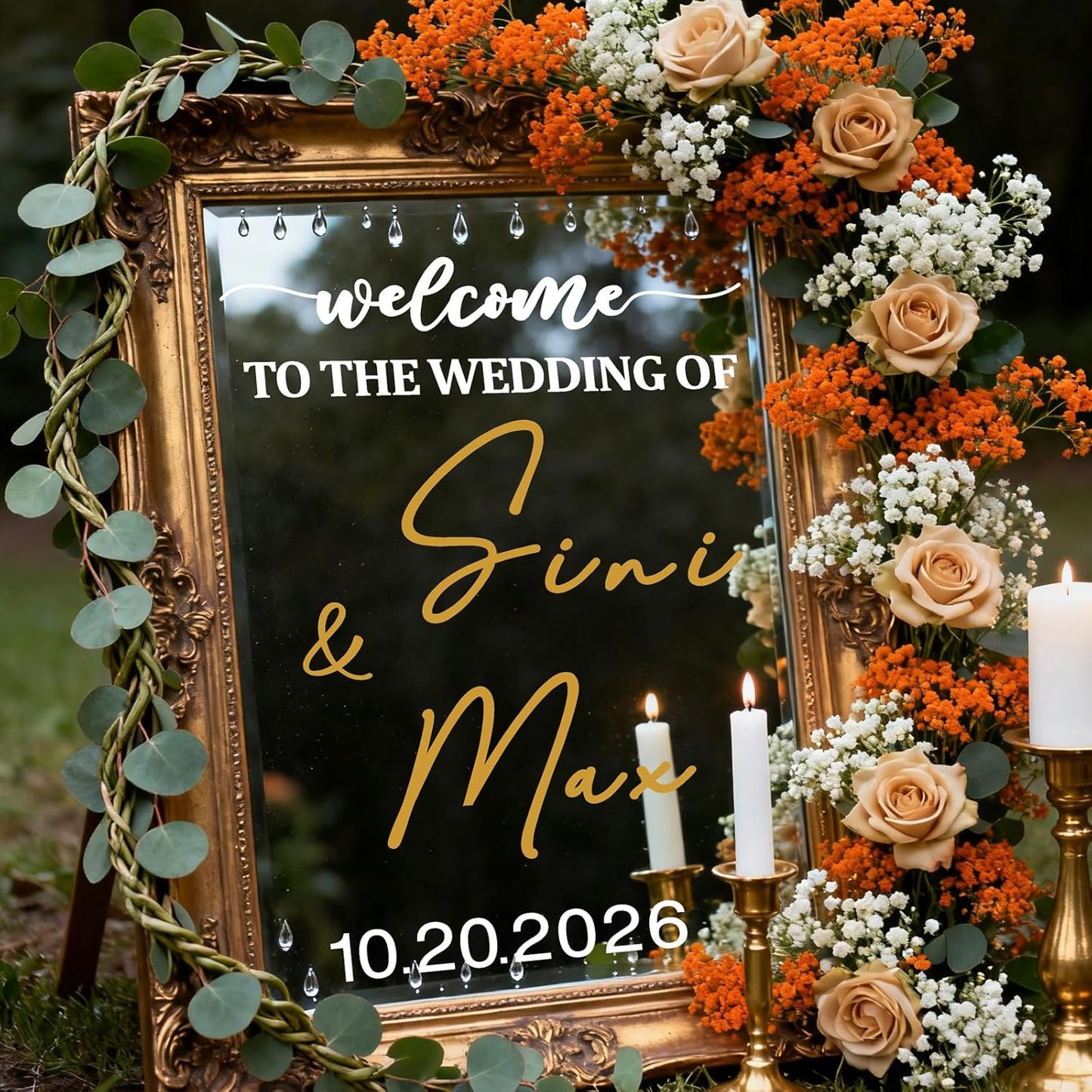 Custom Name Welcome to Our Wedding Signs Personalized Wedding Mirror Decals Selfie Mirror Decal for Wedding Entry Reception Display Golden Date Marriage DIY Vinyl Lettering Welcome Party Decoration