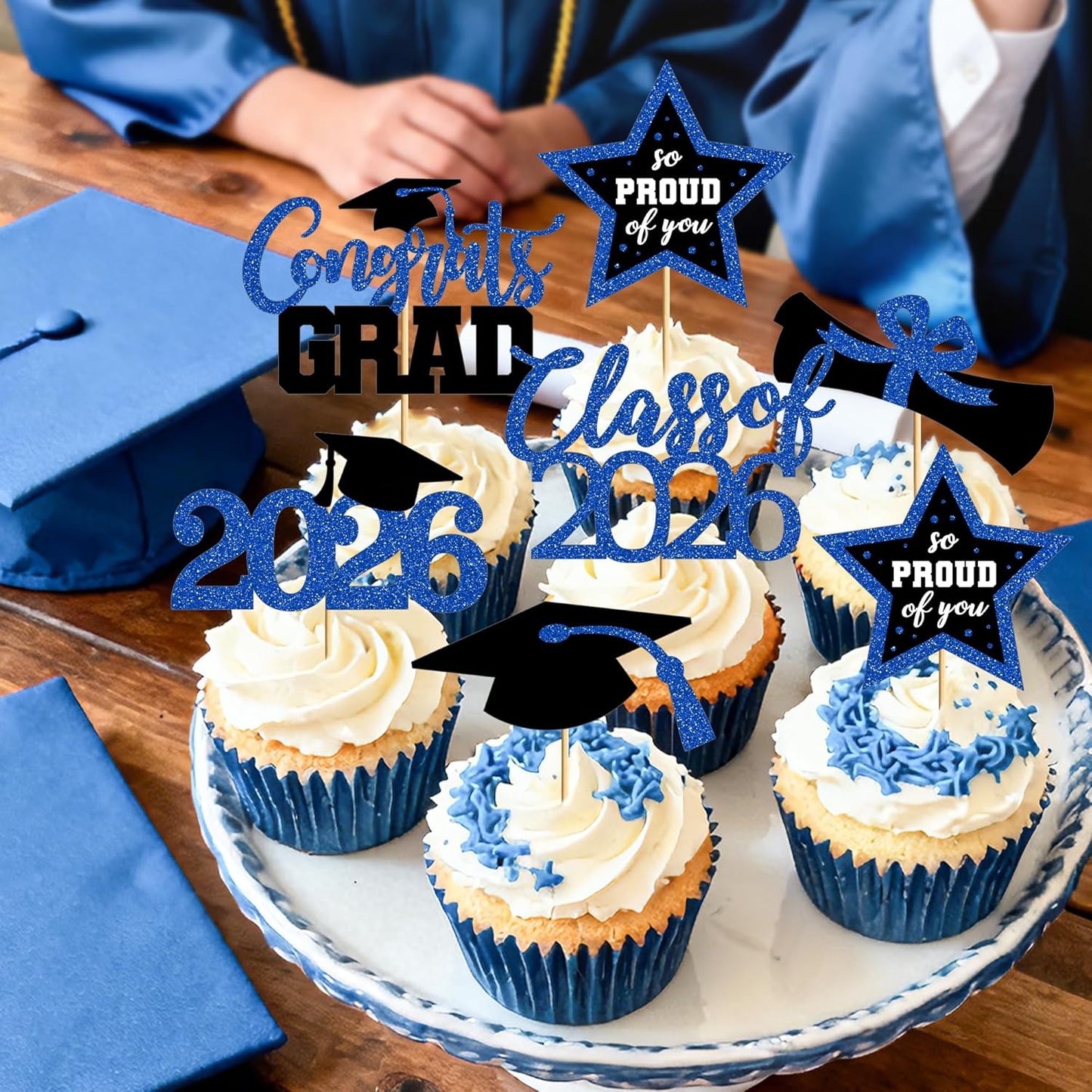 48 PCS Graduation Cupcake Toppers, Glittery 6 Styles Congrats Grad Cake Topper, Black and Red Graduation Decorations 2026, Cap and Diploma Cake Picks for Grad Party Supplies