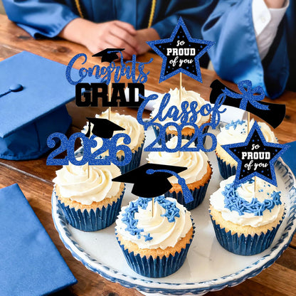 48 PCS Graduation Cupcake Toppers, Glittery 6 Styles Congrats Grad Cake Topper, Black and Red Graduation Decorations 2026, Cap and Diploma Cake Picks for Grad Party Supplies