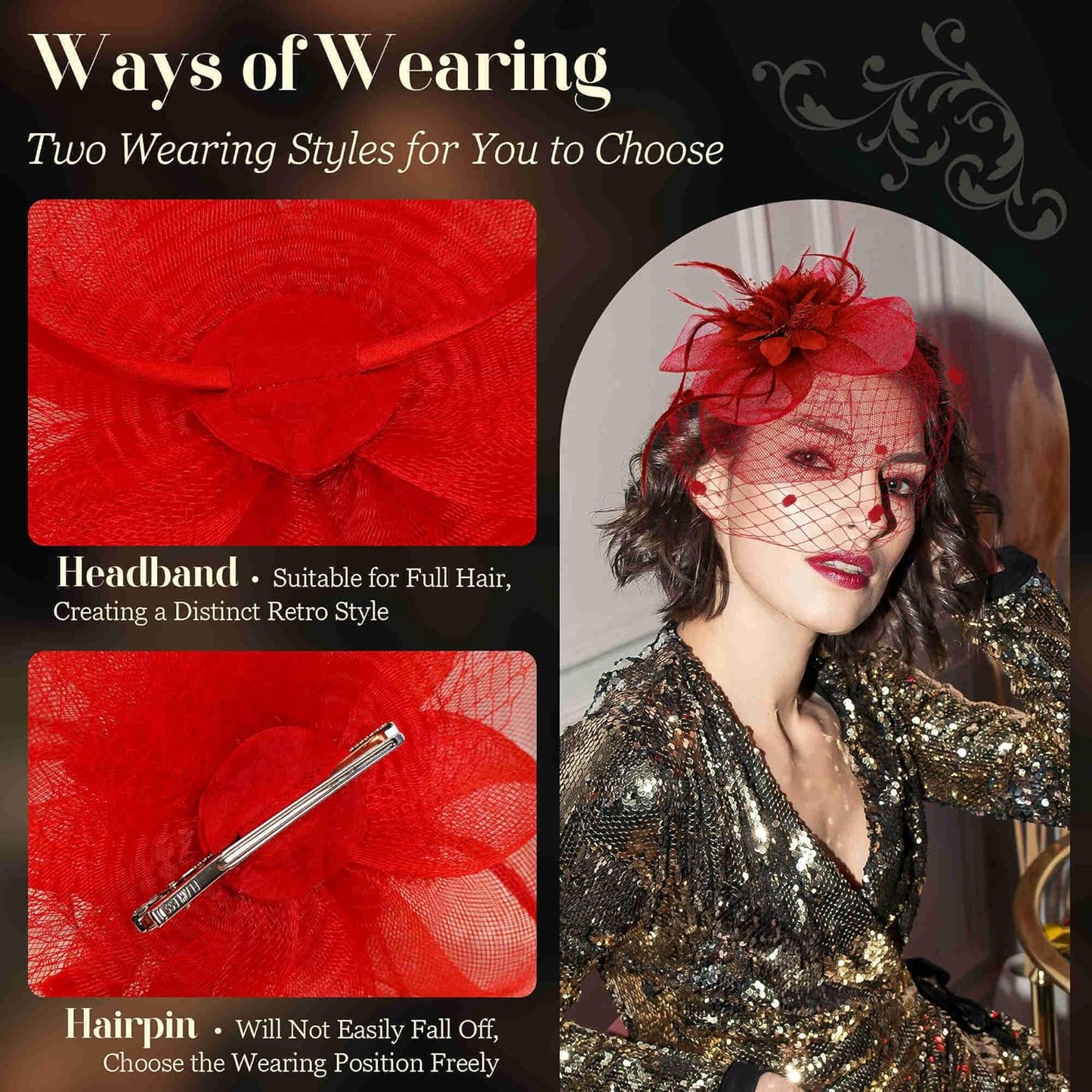 Fascinators Hats for Women Tea Party Hat Feather Mesh Headband Vintage Lace Cocktail Headwear Veil Hair Clip Church