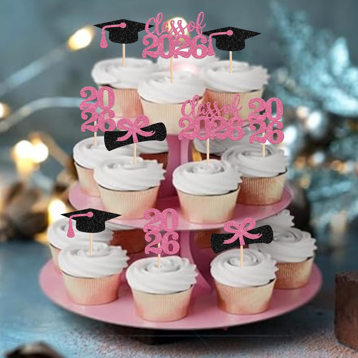 36 PCS 2026 Graduation Theme Cupcake Toppers Glitter Class of 2026 Grad Cap Diploma Cupcake Picks 2026 Graduation Theme Party Cake Decorations Supplies Deep Blue