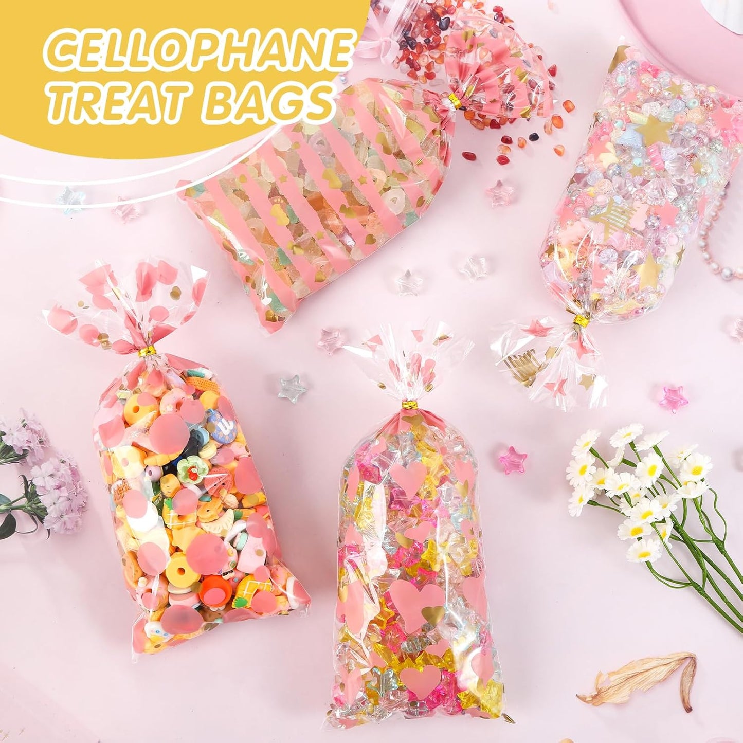 100 Pcs Star Printed 5"X 7" Gift Wrap Cello Cellophane Treat Bags Party Favor bags Clear Candy Cookie Bag Plastic Poly Goodie Storage Bag with Twist Ties for Bakery,Birthday, Wedding ,Party Decorations (Gold)