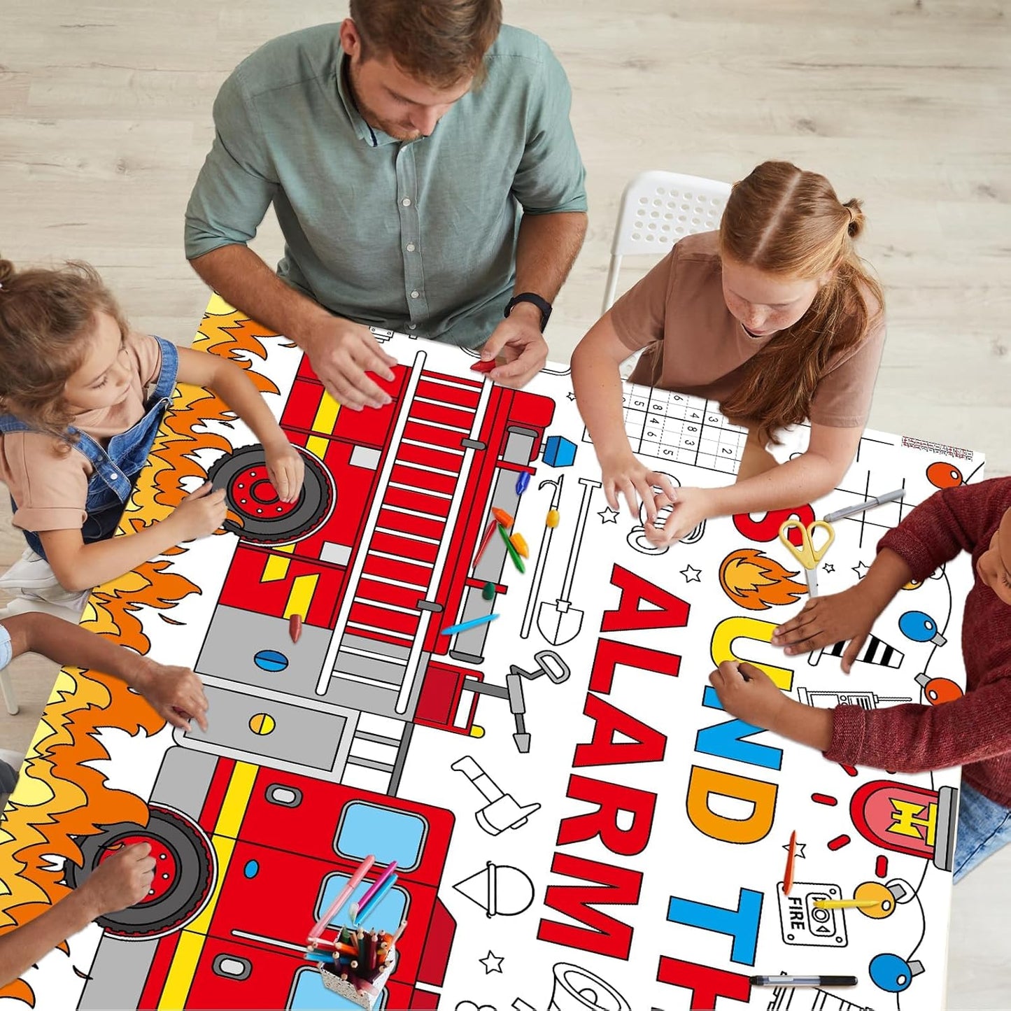 Naozinebi Fire Truck Giant Coloring Poster Large Firefighter Drawing Paper Coloring Tablecloth Rescue Vehicle Game Poster Table Cover Kids Art Craft Coloring Mat Home Pirate Party Supplies