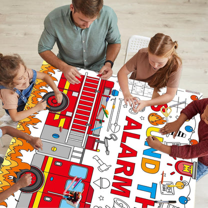 Naozinebi Fire Truck Giant Coloring Poster Large Firefighter Drawing Paper Coloring Tablecloth Rescue Vehicle Game Poster Table Cover Kids Art Craft Coloring Mat Home Pirate Party Supplies