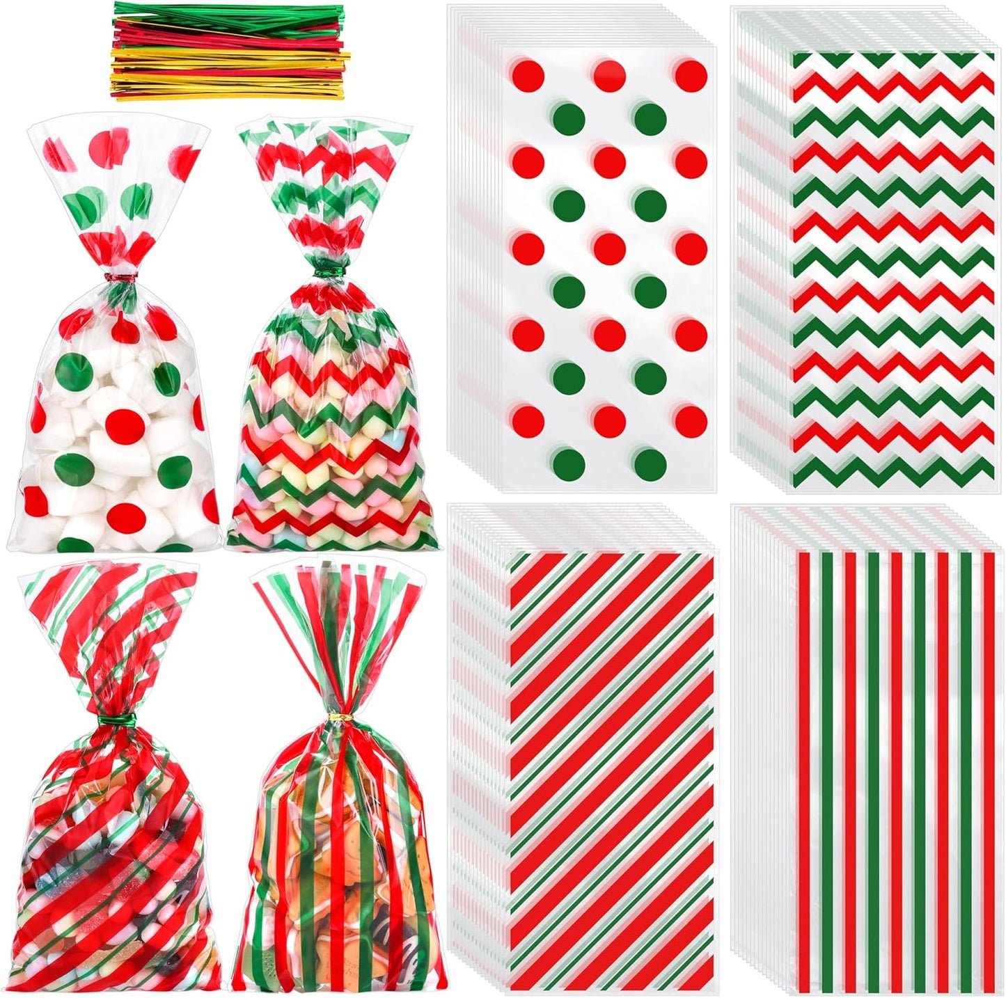 Aodaer 100 Pieces 10.6 x 5.1 In White Cellophane Bags Plastic Candy Gift Bag Cellophane Treat Bags with Twist Ties Stripes Polka Dot Printed Pattern Goodie Bag for Birthday Weddings Party Favors