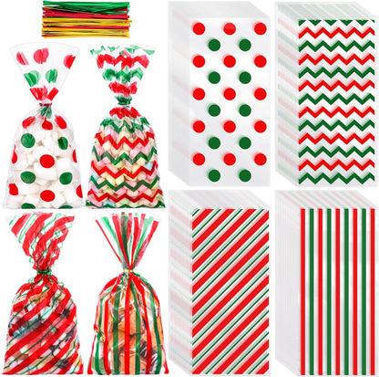Aodaer 100 Pieces 10.6 x 5.1 In White Cellophane Bags Plastic Candy Gift Bag Cellophane Treat Bags with Twist Ties Stripes Polka Dot Printed Pattern Goodie Bag for Birthday Weddings Party Favors