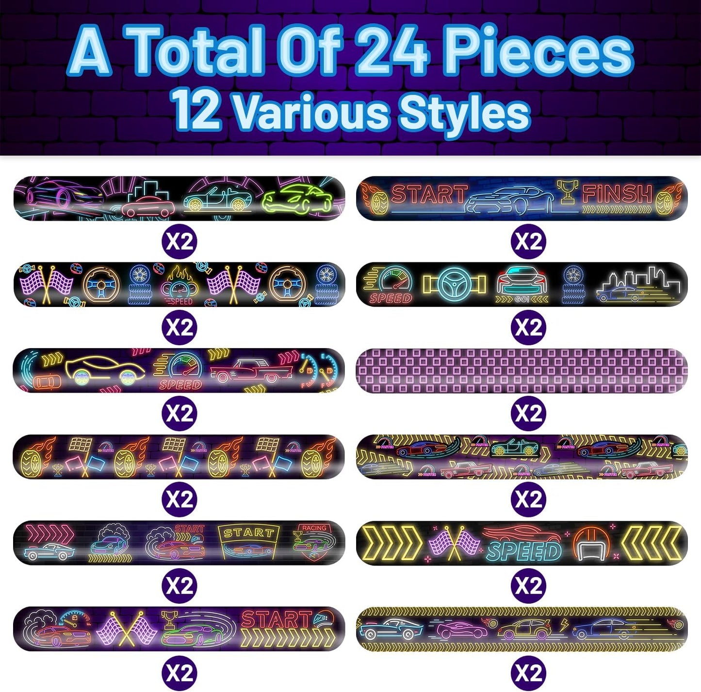 74 PCS Neon Race Car Party Favors, 24 PCS Neon Racing Slap Bracelets 50 PCS Neon Race Car Stickers Racing Birthday Party Decorations Supplies Gifts for Kids Classroom Rewards