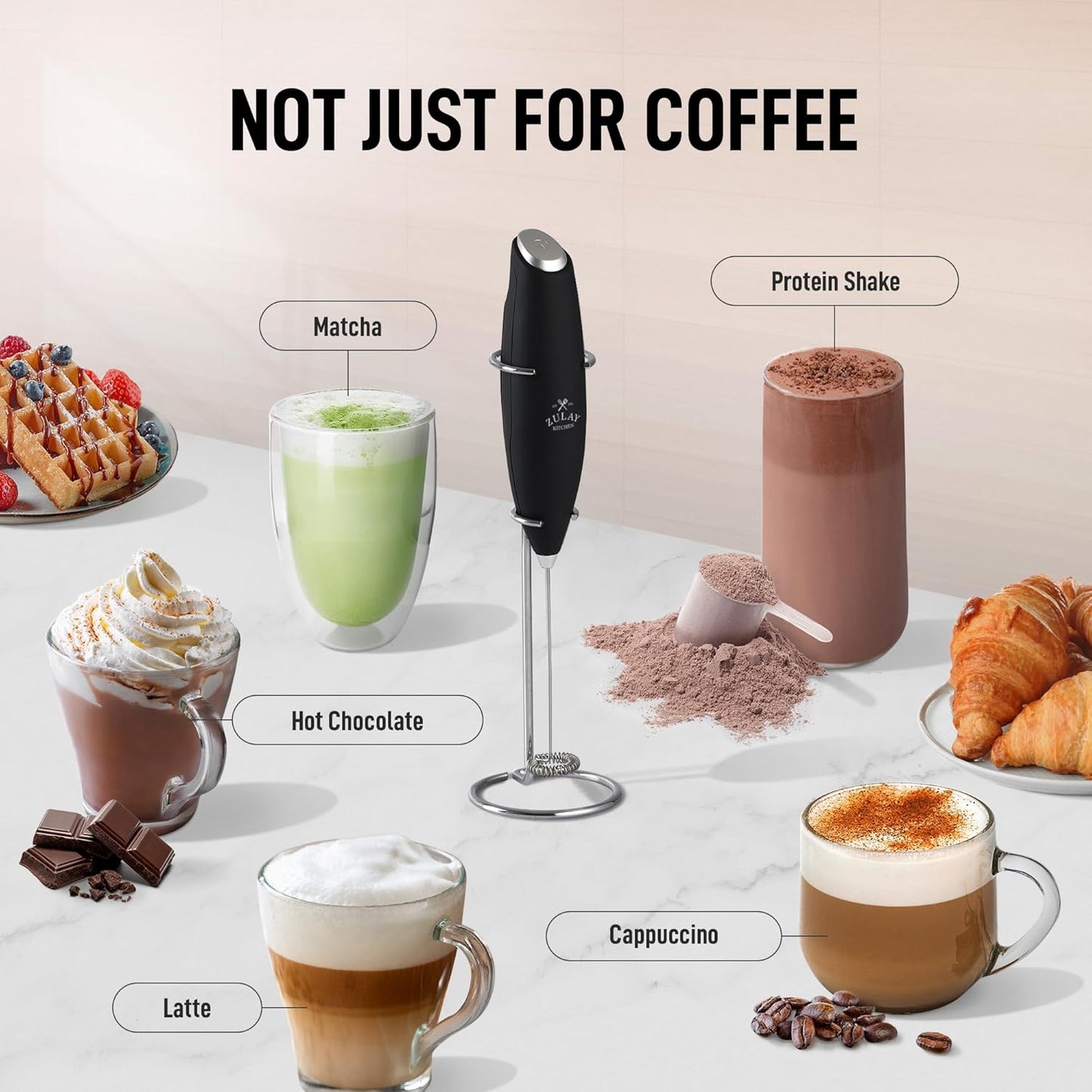 Zulay Kitchen Powerful Milk Frother AA Batteries Included – Ultra Fast Handheld Drink Mixer with Stainless Steel Whisk Stirrer for Coffee, Protein, Matcha & More, Frother Wand Electric Frothmate Black - Colors E