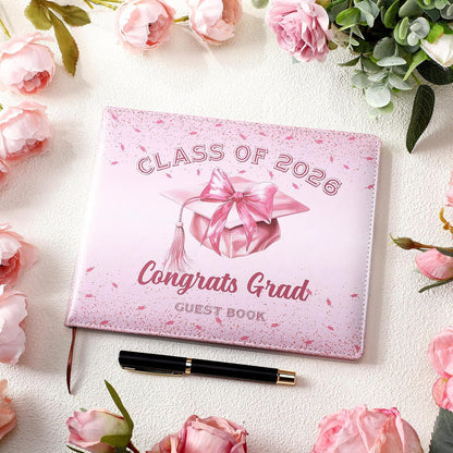 Patelai Pink Bow Graduation Guest Book Class of 2026 Party Decorations Leather Graduation Guest Signature Party Sign Gift with Pen, 112 Pages (Congrats Grad)