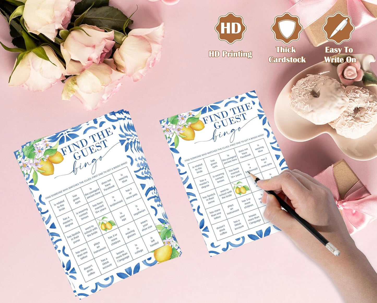 Mediterranean Lemon Bridal Shower Bingo Game with Blank Squares, Pack of 30 Game Cards, Bridal Shower Decorations, Wedding Engagement Decor, Bachelorette Party Supplies - KR30