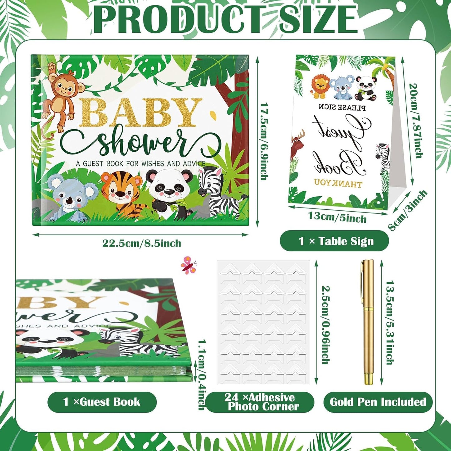 Fuyoooo 27 Pcs Safari Animal Baby Shower Guest Book Set Baby Shower Sign in Guest Floral Book Place Table Cards with Gold Pen Adhesive Photo Corner for Birthday Party