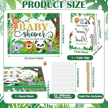 Fuyoooo 27 Pcs Safari Animal Baby Shower Guest Book Set Baby Shower Sign in Guest Floral Book Place Table Cards with Gold Pen Adhesive Photo Corner for Birthday Party