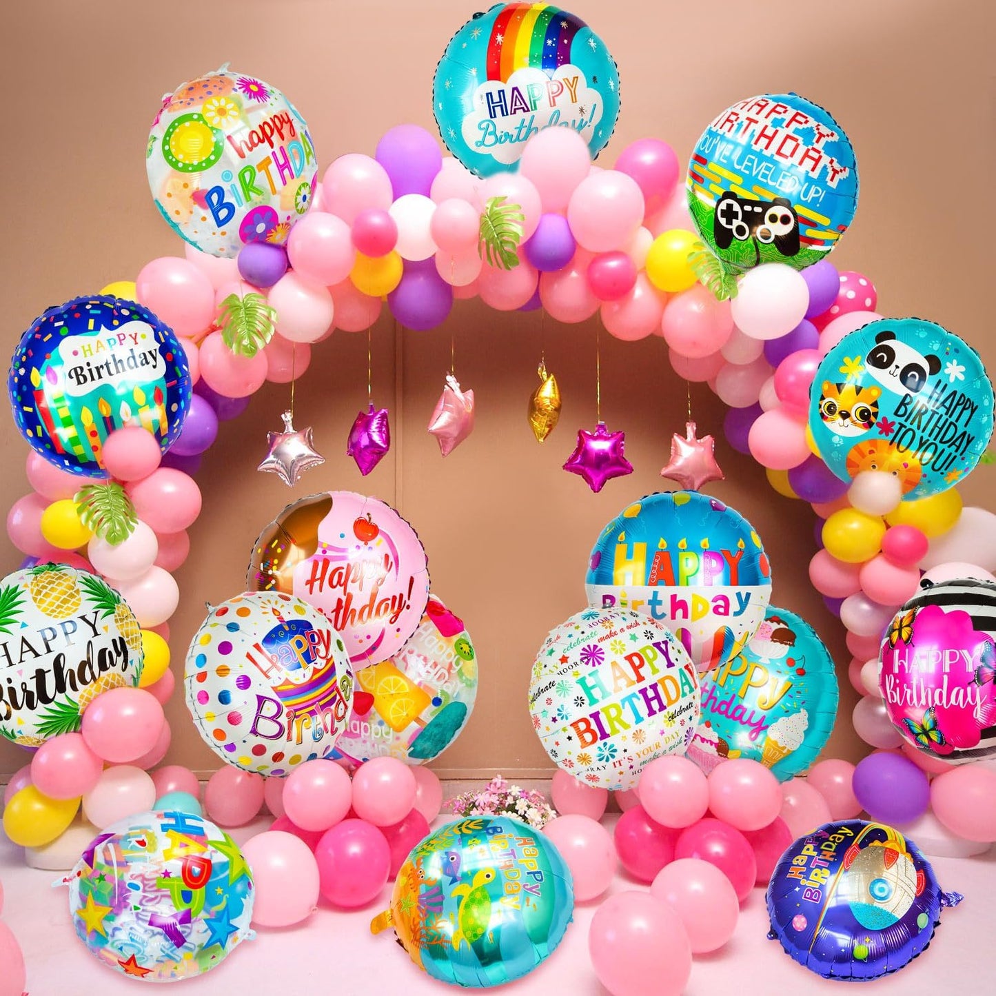 100 Pcs Happy Birthday Foil Balloons, 18IN Round Birthday Mylar Balloons for Party Decoration Supplies (20 Style)