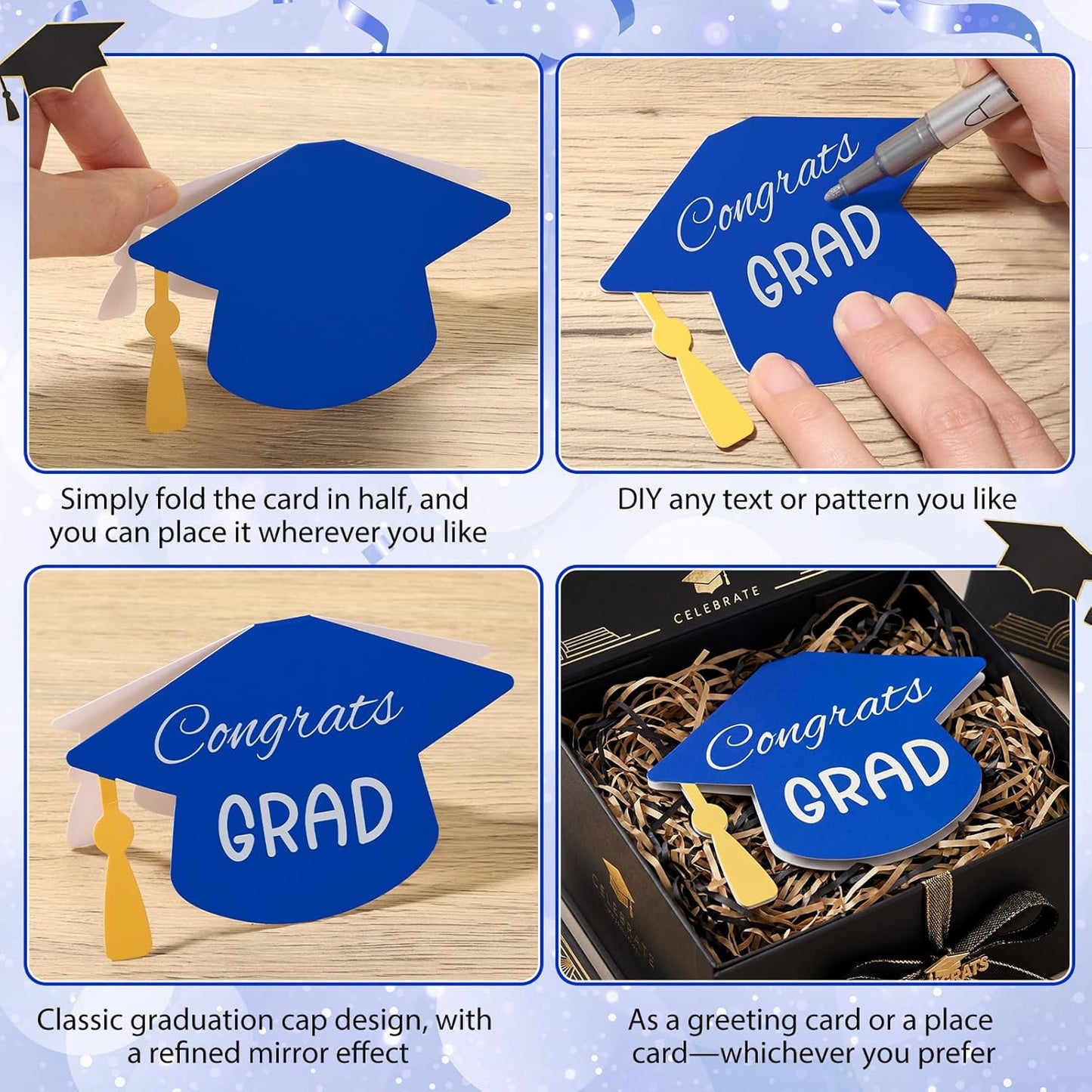 Colarr 2026 Graduate Place Cards with 2 Silver Marker Pen 50 Pcs Black Grad Caps Buffet Food Labels Congrats Grad Folded Tent Name Cards for Graduation Party Table Setting Decorations Supplies