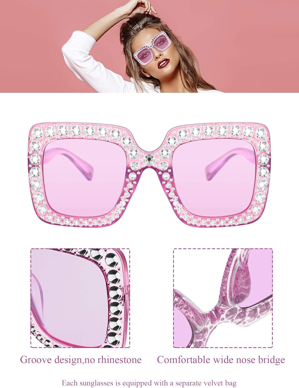 Frienda 6pcs Oversize Rhinestone Square Bling Sunglasses Sparkling 70s Glitter Crystal Disco Sunglasses Retro Frame Glasses for Women