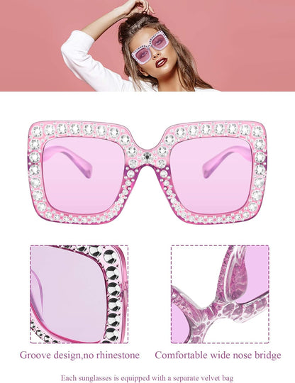 Frienda 6pcs Oversize Rhinestone Square Bling Sunglasses Sparkling 70s Glitter Crystal Disco Sunglasses Retro Frame Glasses for Women