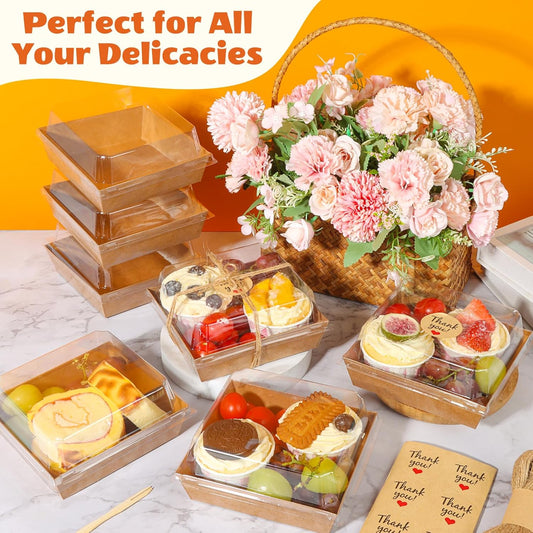20Pcs Small Charcuterie Boxes with Clear Lids - Paper Mini Charcuterie Boxes To Go, Disposable Food Container with Lid, Dessert Boxes for Sandwich, Cookie, Sushi, Cake Slice, and Strawberries