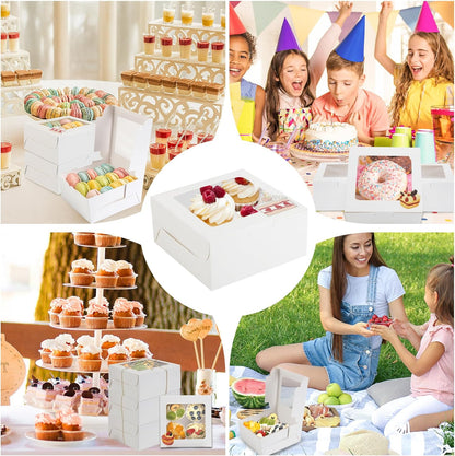 OAMCEG 50 PCS Cupcake Boxes with Window, 6x6x3 Inch Cookie Boxes, Bakery Treat Boxes for Pastry, Dessert, Chocolate Strawberries, Cupcake Containers, Gift Giving with Stickers & Twine （Brown）
