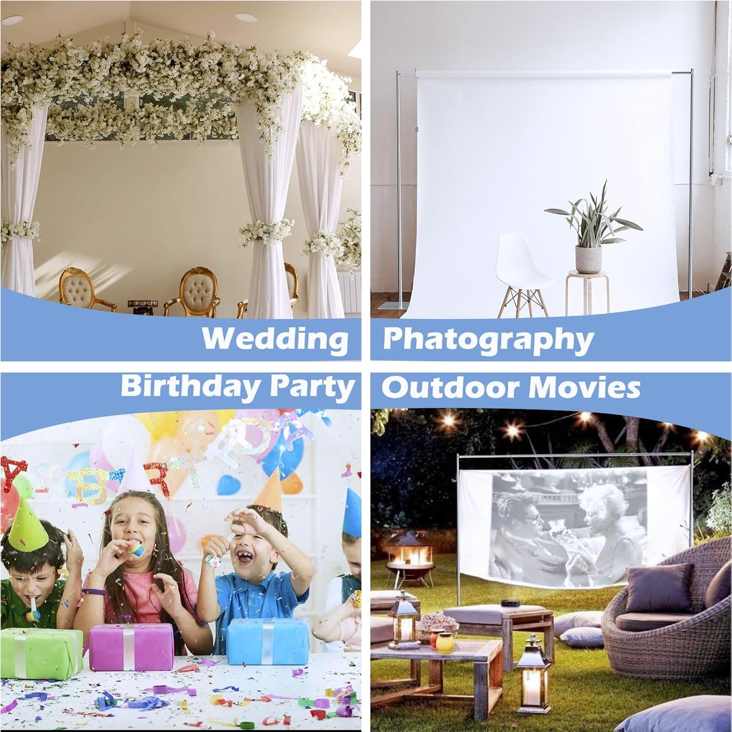 TOCRETOARE Heavy Duty Backdrop Stand, 10x10ft Pipe and Drape Backdrop Stand Kit with Adjustable Telescopic Poles Frame and Metal Base, Background Holder for Parties Wedding Birthday Photography Capacity of up to 22 lbs