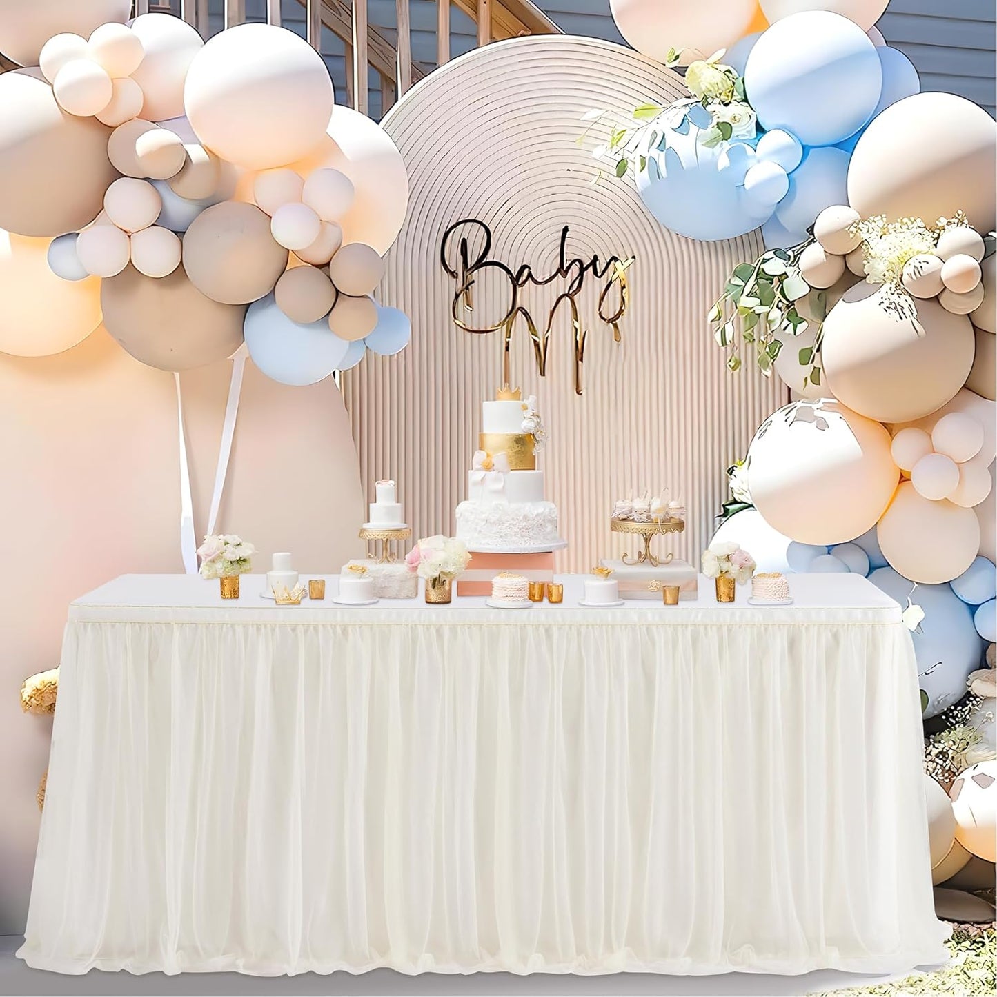 72inch Champagne Gold Tulle Table Skirts for Rectangle Round Tables, Gold Grim Ruffle Tulle Tutu Cloth Table Skirt 6ft for Wedding Birthday Party Cake Dessert Decor(No Top Cover)