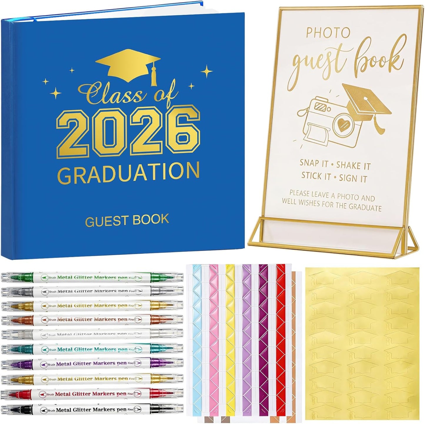 Pajean Graduation Guest Book Set Class of 2026 Memory Scrapbook with Photo Guest Book Sign Dual Tip Pens Photo Corner Stickers Grad Cap Stickers for Grad Party Decorations Supplies Gifts (Black)