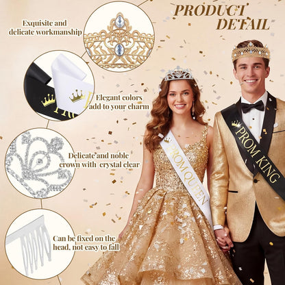 Lyrow 4 Pcs Prom King and Queen Crown Set, Prom King Crown with Sash for Graduation, Queen Tiara with Sash for Grad Couple Accessories Homecoming Birthday Party(Cute,Black,White)