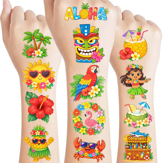 96PCS Tropical Flower Hawaiian Temporary Tattoos Pre-Cut - Hibiscus Plumeria Stickers Beach Summer Hawaiian Birthday Party Decorations, Supplies & Favors - School Gifts Rewards Prizes for Girls Women